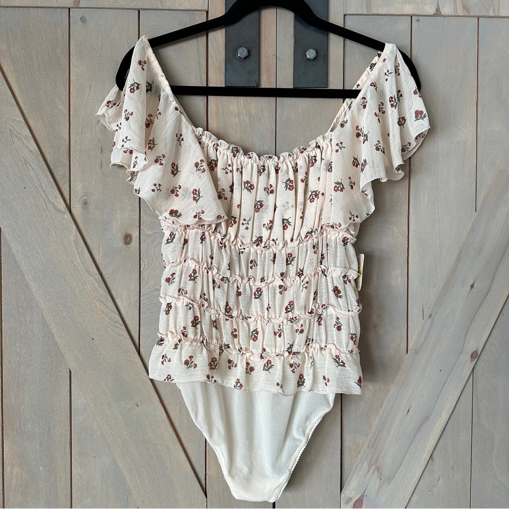 NWT Free People Ivory Floral Flutter Thong Bodysuit Size Medium